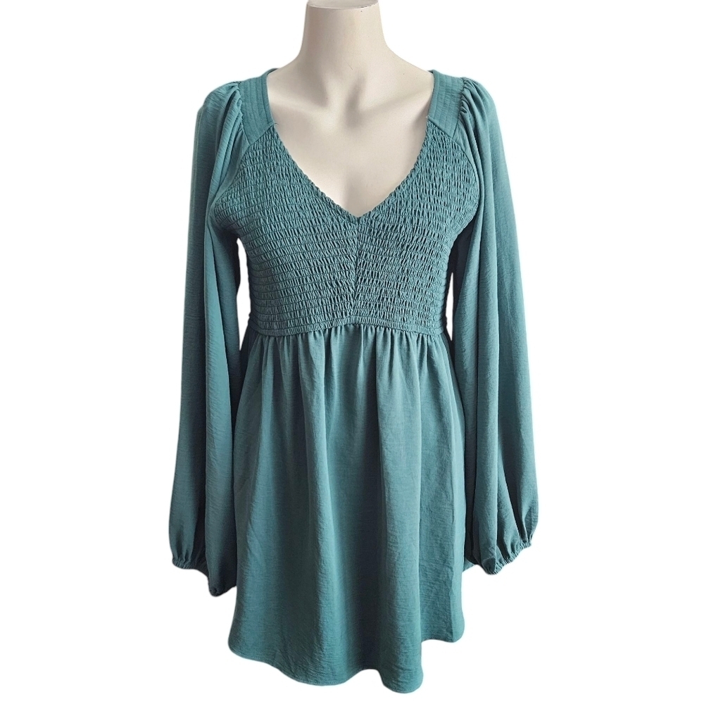 Jodifl‎ Long Sleeve Teal V-Neck Mini Dress Size Large NWT Milkmaid Coquette